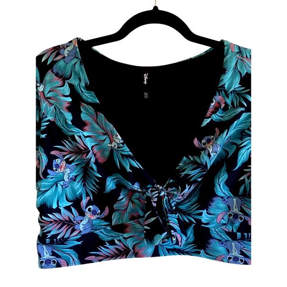 Disney Vneck Knot Cutout Stitch Hawaiian Tropical Palm Crop Top Swim Shirt 2 - Picture 3 of 8